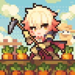 1boy blonde_hair cape carrot cloak cloud cloudy_sky highres hoe holding_hoe honkai:_star_rail honkai_(series) hui_xue male_focus mydei_(honkai:_star_rail) outdoors red_cape scarecrow second-party_source sky solo yellow_eyes