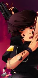 black_hair blood gun guro handgun hood hoodie looking_at_viewer raven raven_(pineapple_soda) weapon zachs