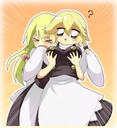 &gt;_&lt; 2girls :d apron black_skirt black_vest blonde_hair blush blush_stickers bow braid breast_lift breasts buttons closed_eyes commentary_request cookie_(touhou) cowboy_shot emphasis_lines frilled_apron frills hair_bow kirisame_marisa long_hair medium_breasts multiple_girls namatama_(7lemo_can) open_mouth orange_background sexual_harassment shirt side_braid single_braid skirt skirt_set smile touhou turtleneck turtleneck_shirt uzuki_(cookie) v-shaped_eyebrows vest waist_apron white_apron white_shirt xd yuuhi_(cookie)