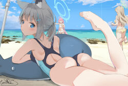 3girls ahoge algae animal_ear_fluff animal_ears ass bare_arms bare_legs beach bikini blonde_hair blue_archive blue_eyes blue_sky breasts cat_ears chinese_commentary closed_mouth cloud commentary cross cross_hair_ornament day english_commentary facing_away feet frilled_bikini frills from_behind grey_hair hair_ornament halo highres horizon hoshino_(blue_archive) inflatable_orca inflatable_toy inverted_cross leg_up legs long_hair looking_at_viewer looking_back lying medium_breasts medium_hair mixed-language_commentary multiple_girls nape navel no_eyes nonomi_(blue_archive) ocean on_stomach one-piece_swimsuit outdoors plantar_flexion pointing pointing_to_the_side ponytail shiroko_(blue_archive) short_ponytail sidelocks signature sky small_breasts standing standing_on_one_leg swimsuit thighs umbrella_stand white_bikini wittmann_(ehvr8373) yellow_bikini