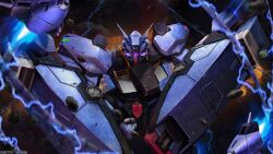 Rule 34 | absurdres, battle, copyright logo, debris, dezpada, electricity, energy, explosion, glowing, glowing eye, gundam, gundam battle operation 2, highres, lens flare, machinery, mecha, mecha focus, mobile suit, no humans, official art, one-eyed, painting (medium), purple eyes, realistic, robot, scan, science fiction, shield, space, sunrise (company), tenjin hidetaka, thrusters, traditional media