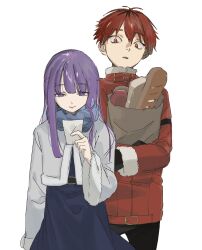 1boy 1girl apple bag baguette bread closed_mouth commentary fern_(sousou_no_frieren) food fruit hair_between_eyes highres holding holding_bag jacket long_hair long_sleeves neck_warmer pants paper_bag parted_lips purple_eyes purple_hair red_hair red_jacket simple_background sousou_no_frieren stark_(sousou_no_frieren) umashio_potechi-san white_background white_jacket