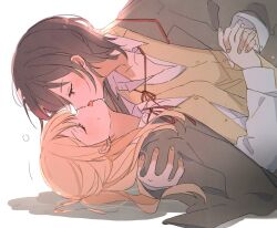 2girls bang_dream! black_hair blonde_hair blush commentary_request french_kiss grey_jacket holding_hands jacket kiss long_hair long_sleeves multiple_girls neck_ribbon red_ribbon ribbon school_uniform seri_(vyrlw) seta_kaoru shirasagi_chisato shirt short_hair simple_background sweat white_background white_shirt yuri