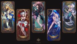 5girls absurdres aqua_dress arm_up armlet armpits ass asymmetrical_clothes back bare_legs black_collar black_eyes black_flower black_gloves blake_bloom_(wuthering_waves) blonde_hair blue_eyes blue_hair blue_nails blue_veil bodystocking brown_hair camellya_(wuthering_waves) card_(medium) character_name closed_mouth coat collar collarbone colored_eyelashes commentary dress earrings english_commentary feet flower from_side full_body gloves hair_flower hair_ornament hair_ribbon hair_spread_out hand_on_own_face hand_up hat head_tilt heel-less_heels highres holding holding_paintbrush jewelry jinhsi_(wuthering_waves) leg_up legs long_hair long_sleeves looking_ahead looking_at_viewer looking_down multicolored_eyes multicolored_hair multiple_girls nail_polish no_eyewear paintbrush pants pantyhose parted_lips phoebe_(wuthering_waves) pink_eyes purple_eyes red_pupils ribbon shorekeeper_(wuthering_waves) short_hair single_pantsleg sleeveless sleeveless_dress smile steve_zheng streaked_hair tacet_mark_(wuthering_waves) toes two-tone_eyes two-tone_veil veil very_long_hair white_coat white_collar white_dress white_eyes white_hair white_hat white_pants white_pantyhose white_ribbon white_veil wuthering_waves x_hair_ornament zhezhi_(wuthering_waves)