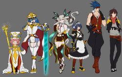 2boys 3boys 4girls absurdres apron armor bad_tag belt boots breasts cape dress fingerless frills gloves hat hazure_skill_&quot;mapping&quot;_wo_te_ni_shita_shounen_wa_saikyou_party_to_dungeon_ni_idomu headdress highres holding maid multiple_boys multiple_girls muscular non-web_source pantyhose ponytail scarf self-upload sketch skirt smile staff standing strap sword thighhighs twintails wankofool weapon