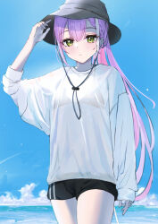 1girl arm_at_side bikini bikini_top_only bikini_under_clothes black_bikini black_shorts blue_sky braid braided_bangs bucket_hat cloud commentary_request cowboy_shot day double-parted_bangs drawstring expressionless gradient_hair green_eyes hand_up hat highres hiragi_1014 hololive light_blush light_particles long_hair long_sleeves looking_at_viewer multicolored_hair ocean outdoors parted_lips pink_hair ponytail purple_hair see-through_clothes short_shorts shorts sidelocks single_sleeve_past_wrist sky sleeve_rolled_up solo sparkle sweater swimsuit tokoyami_towa very_long_hair virtual_youtuber white_sweater