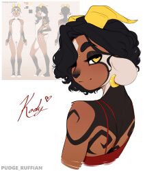 1girl absurdres animal_ears artist_name black_hair black_skin body_fur brown_fur colored_skin earrings full_body furry furry_female goat_ears goat_girl goat_tail heart highres horns jewelry kody_(pudgeruffian) long_hair looking_at_viewer looking_back multiple_views original pudgeruffian pussy short_hair smile white_background