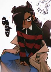 1boy 1other animal_ears black_hair blush brown_eyes chinese_commentary coat commentary_request dark-skinned_male dark_skin dog_boy dog_ears dog_tail emo_fashion english_text extra_ears hair_over_one_eye headpat highres kemonomimi_mode lear_0119 looking_at_viewer male_focus matthew_patel scott_pilgrim_(series) shirt short_hair simple_background sitting sketch_inset solo_focus speech_bubble striped_clothes striped_shirt tail tail_wagging white_background