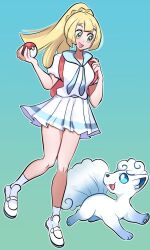 Rule 34 | 1girl, :d, alolan form, alolan vulpix, backpack, bag, blonde hair, commentary, creatures (company), english commentary, eyelashes, full body, game freak, gen 7 pokemon, green eyes, highres, holding, holding poke ball, lillie (pokemon), long hair, looking at another, missandydandy, nintendo, open mouth, pleated skirt, poke ball, poke ball (basic), pokemon, pokemon (anime), pokemon (creature), pokemon sm (anime), ponytail, shirt, shoes, short sleeves, skirt, smile, socks, white shirt, white shoes, white skirt, white socks
