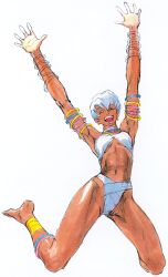 1girl :d \o/ anklet armlet armpits arms_up barefoot bikini bracelet closed_eyes concept_art dark-skinned_female dark_skin earrings elena_(street_fighter) game_cg highres jewelry jumping light-skinned_palms light-skinned_soles navel neck_ring nishimura_kinu non-web_source official_art open_mouth outstretched_arms short_hair smile solo street_fighter street_fighter_iii_(series) swimsuit teeth upper_teeth_only white_hair