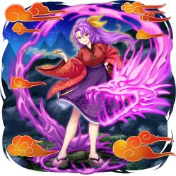 Rule 34 | 1girl, breasts, brown sandals, dragon, folded fan, folding fan, full body, game cg, geta, hair ribbon, hand fan, high-waist skirt, highres, holding, holding fan, holding smoking pipe, japanese clothes, kimono, kiseru, komakusa sannyo, long hair, long sleeves, looking at viewer, mountainous horizon, night, night sky, official art, open mouth, ponytail, purple hair, purple skirt, red eyes, red kimono, red robe, ribbon, robe, rotte (1109), sandals, simple background, skirt, sky, smile, smoke, smoking pipe, solo, star (sky), third-party source, touhou, touhou lostword, transparent background, wide sleeves, yellow ribbon
