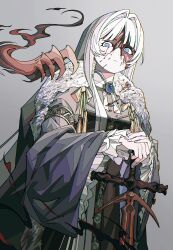 Rule 34 | 1girl, absurdres, black dress, blood, blood on clothes, blood on face, blue eyes, brooch, cape, closed mouth, dikke, disembodied hand, dress, expressionless, fur-trimmed cape, fur trim, grey background, grey hair, hair intakes, highres, jewelry, ligne claire, long hair, long sleeves, looking at viewer, reverse:1999, ringed eyes, simple background, solo, sword, weapon, zhizhizi