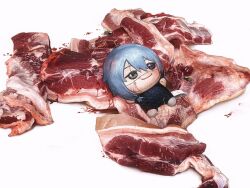 1boy blood blue_eyes blue_hair highres huli_xiaobai jujutsu_kaisen lying mahito_(jujutsu_kaisen) on_back raw_meat smile solo stitched_face stitches