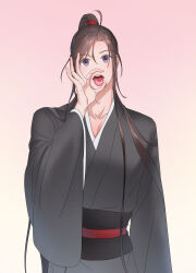 1boy absurdres ahoge black_hair black_hanfu black_robe brown_hair chinese_clothes fellatio_gesture gradient_background hand_up hanfu highres implied_yaoi korean_commentary long_hair long_sleeves looking_at_viewer male_focus modao_zushi open_mouth oral_invitation pink_background ponytail purple_eyes red_scrunchie robe saliva sash scrunchie sexually_suggestive sidelocks simple_background solo ssu_saeu tongue tongue_out upper_body very_long_hair wei_wuxian wide_sleeves
