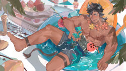 Rule 34 | 1boy, abs, absurdres, animal ears, bara, cow boy, cow ears, cow horns, cow tail, facial hair, feet out of frame, goatee stubble, highres, horns, large pectorals, looking at viewer, male focus, male swimwear, medium sideburns, muscular, muscular male, nipples, original, pectorals, pool, short hair, sideburns, sitting, solo, sparse leg hair, spread legs, stubble, swim trunks, tail, thick eyebrows, topless male, yi zhi zhu a aaaa