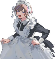 1boy :d alternate_costume apron black_dress blue_eyes blue_hair blush brown_hair collared_dress commentary crossdressing dress english_commentary enmaided frilled_apron frills hair_between_eyes highres kaohom503 long_sleeves looking_at_viewer maid maid_apron maid_headdress male_focus mole mole_under_eye multicolored_hair nijisanji nijisanji_en open_mouth pink_hair seible_(nijisanji) short_hair simple_background skirt_hold smile solo streaked_hair virtual_youtuber white_apron white_background