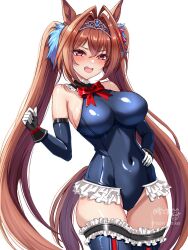 1girl alternate_costume animal_ears antenna_hair bare_shoulders blue_gloves blue_leotard blue_thighhighs blush bow breasts clenched_hand commentary_request cosplay cowboy_shot daiwa_scarlet_(umamusume) dead_or_alive elbow_gloves fang frilled_leotard frilled_thighhighs frills gloves hair_between_eyes hair_bow hair_intakes hair_ornament hand_on_own_hip highleg highleg_leotard highres horse_ears horse_girl horse_tail leotard long_hair marie_rose marie_rose_(cosplay) marie_rose_(devilish_servant_against_the_splashing_waves) mixed-language_commentary open_mouth red_bow red_eyes red_hair revision simple_background solo tail thighhighs tiara tsukiyuki_mike twintails two-tone_gloves umamusume very_long_hair white_background white_gloves