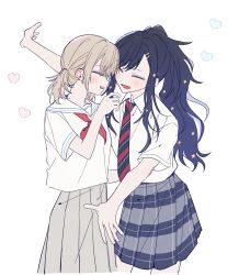 2girls :d alternate_hairstyle azusawa_kohane black_hair blue_skirt blue_stripes brown_hair brown_skirt closed_eyes collared_shirt commentary cowboy_shot diagonal-striped_clothes diagonal-striped_necktie hair_ornament hairclip hand_up heart highres kamiyama_high_school_uniform_(project_sekai) long_hair low_twintails medium_hair miyamasuzaka_girls&#039;_academy_school_uniform multiple_girls neckerchief necktie open_mouth outstretched_arms plaid_clothes plaid_skirt pleated_skirt project_sekai red_neckerchief red_stripes sailor_collar school_uniform serafuku shiraishi_an shirt short_sleeves sidelocks skirt smile sshiptaku standing star_(symbol) star_hair_ornament striped_clothes summer_uniform swept_bangs symbol-only_commentary twintails white_background white_serafuku white_shirt yuri