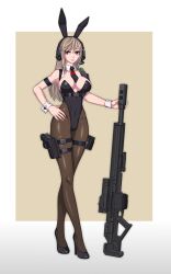 1girl absurdres animal_ears anti-materiel_rifle black_necktie blonde_hair breasts chest_harness covered_navel crossed_legs detached_collar fake_animal_ears fake_tail full_body gun hand_on_own_hip harness headset high_heels highleg highleg_leotard highres holding holding_gun holding_weapon holster large_breasts leotard long_hair looking_at_viewer necktie original pantyhose playboy_bunny rabbit_ears rabbit_tail red_eyes rifle science_fiction sniper_rifle solo standing strapless strapless_leotard tactical_playboy_bunny tail tanke_laide thigh_holster watson_cross weapon wrist_cuffs