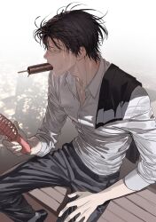 Rule 34 | 1boy, absurdres, adam&#039;s apple, black hair, black jacket, black pants, black shoes, chamuring, collarbone, collared shirt, feet out of frame, food, food in mouth, from above, grey eyes, han maru, hand fan, hand on own knee, highres, holding, holding fan, ice cream, jacket, long sleeves, looking to the side, male focus, nose, on bench, pants, parted bangs, profile, shirt, shoes, short hair, sitting, solo, special civil servant, sweat, toned, toned male, unworn jacket, white shirt