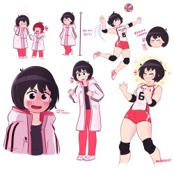 Rule 34 | &gt; &lt;, 2girls, amanai kanoka, artist name, ball, bare shoulders, black hair, black shirt, blush, bob cut, breasts, character name, elbow pads, english text, female focus, haikyuu!!, hand up, height chart, highres, jacket, jumping, knee pads, leaning back, long sleeves, medium breasts, multiple girls, multiple views, open mouth, pants, photo-referenced, radicalseabies, red shorts, shirt, shoes, short hair, shorts, sneakers, sportswear, teeth, track jacket, track pants, v, volleyball, volleyball (object), volleyball uniform, waving, yonezawa maiko, yoshimura shiho