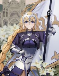 1girl absurdres armor armored_dress banner blonde_hair blue_eyes bow braid chain church commentary dress fate/grand_order fate_(series) fine_art_parody flower gauntlets headpiece highres holding holding_sword holding_weapon irreligiositat jeanne_d&#039;arc_(fate) lily_(flower) long_braid long_hair looking_at_viewer parody single_braid standard_bearer sword sword_of_st._catherine_(fate) very_long_hair weapon