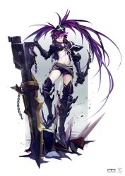 Rule 34 | 1girl, absurdres, bikini, bikini top only, black gauntlets, black rock shooter, black rock shooter (character), black shorts, boots, chain, commentary request, crrispy shark, flaming eye, highres, long hair, navel, short shorts, shorts, solo, stitched torso, stitches, swimsuit, twintails, very long hair, white background