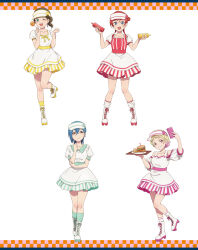 4girls artbook blonde_hair blue_eyes blue_hair boots brown_hair burger dress food french_fries full_body green_eyes hair_between_eyes hair_bun hat highres holding looking_at_viewer love_live! love_live!_superstar!! multiple_girls non-web_source official_art one_eye_closed onitsuka_natsumi open_mouth orange_eyes phone pink_eyes puffy_short_sleeves puffy_sleeves red_hair roller_skates sakurakoji_kinako short_hair short_sleeves single_hair_bun skates smile socks standing standing_on_one_leg tray visor_cap waitress wakana_shiki yoneme_mei