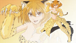 1girl animal_ears animal_hands blonde_hair blush breasts brown_eyes cat_ears cat_tail cheetah_girl cleavage fangs highres killing_bites looking_at_viewer medium_breasts multiple_views nakanishi_eruza navel open_mouth pawpads saboikku short_hair smile strapless tail tube_top
