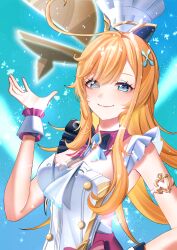 1girl absurdres ahoge apron arm_at_side arm_up armpit_crease blonde_hair blue_background blue_eyes blush breasts chef chef_hat cooking_pot cowlick dress escoffier_(genshin_impact) fork_hair_ornament genshin_impact hair_ornament hand_up hat heart heart_in_eye highres knife_hair_ornament large_breasts light_smile long_hair looking_at_viewer mechanical_tail smile solo symbol_in_eye tail toque_blanche very_long_hair watatai white_apron white_hat wrist_cuffs