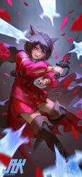 1girl absurdres animal_ears boots braid brown_hair cat_ears commission earrings facial_mark final_fantasy final_fantasy_xiv flower highres holding holding_sword holding_weapon jewelry looking_at_viewer miqo&#039;te motion_blur petals rapier red_eyes red_flower red_mage_(final_fantasy) red_rose rose short_hair solo sword thatjaykart thigh_boots warrior_of_light_(ff14) weapon whisker_markings