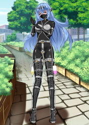 Rule 34 | bdsm, blue hair, bodysuit, catheter, catstudioinc (punepuni), chastity belt, chastity bra, commission, garden, gloves, grey eyes, highres, latex, latex bodysuit, latex underwear, long fall boots, long hair, looking at viewer, mask, mouth mask, original, stealth bondage
