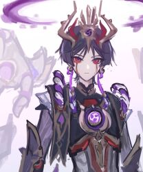 Rule 34 | 1boy, arms at sides, blood, bloody tears, blunt ends, bright pupils, cable, closed mouth, cyborg, disembodied hand, earrings, electro symbol (genshin impact), gauntlets, gem, genshin impact, hair ornament, halo, highres, humanization, jewelry, male focus, mandarin collar, mechanical arms, mechanical halo, mitsudomoe (shape), multicolored eyes, purple eyes, purple gemstone, purple hair, purple halo, purple rope, red eyes, rope, scaramouche (genshin impact), scaramouche (shouki no kami) (genshin impact), sgm618, shimenawa, sketch, solo, tomoe (symbol), twitter username, two-tone eyes, white background, white pupils, white rope, wispy bangs