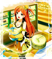 1girl apron bad_id bad_pixiv_id bakery batter black_thighhighs border bow bowl breasts brown_eyes cake cleavage collarbone female_focus food fruit hairband highres kyaro_(kyaro54) long_hair looking_at_viewer muffin one_side_up open_mouth orange_hair original oven_mitts pot shop solo strawberry thighhighs tray whisk