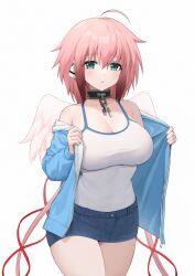 1girl :o absurdres ahoge blue_jacket blue_skirt breasts camisole cleavage commentary_request denim denim_skirt feathered_wings green_eyes hair_between_eyes highres ikaros jacket large_breasts long_hair long_sleeves off_shoulder open_clothes open_jacket parted_lips pink_hair puffy_long_sleeves puffy_sleeves red_ribbon ribbon robot_ears simple_background skirt solo sora_no_otoshimono standing very_long_hair white_background white_camisole white_wings wings ying_jing_meng