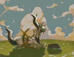 animal_focus arceus blue_sky closed_eyes cloud creatures_(company) flower_wreath game_freak gen_4_pokemon grass head_wreath highres horizon legendary_pokemon lole_pokemon moss mythical_pokemon nintendo no_humans original overgrown pokemon pokemon_(creature) rock shadow sitting sky solo