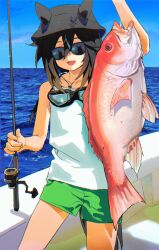 1girl alternate_costume animal_ears bare_shoulders black_hair black_hat blue_sky boat brown_hair bucket_hat cloud day ears_through_headwear facing_viewer fish fishing_rod goggles goggles_around_neck gradient_hair green_shorts hat highres holding holding_fishing_rod horse_ears horse_girl horse_tail multicolored_hair ocean ooo8_q open_mouth outdoors red_snapper short_shorts shorts sky solo stay_gold_(umamusume) streaked_hair sunglasses tail umamusume water water_drop watercraft