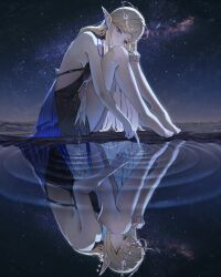 1girl absurdres bare_shoulders barefoot black_dress blonde_hair blue_eyes breasts cartethyia_(wuthering_waves) closed_mouth coklatarte commentary crown_of_thorns different_reflection dress earrings fleurdelys_(wuthering_waves) floating_earrings from_side highres horns jewelry knees_up large_breasts long_hair looking_at_reflection medium_breasts night night_sky outdoors pointy_ears reflection ripples sidelocks single_horn sitting sky smile solo symbol-only_commentary tacet_mark_(wuthering_waves) thighs toes very_long_hair wuthering_waves yellow_horns