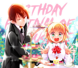 Rule 34 | 1boy, 1girl, 2021, :d, ;), ahoge, alternate costume, ascot, backlighting, black ascot, black suit, blonde hair, blurry, blush stickers, bow, bowtie, brown hair, butler, cake, cake slice, center frills, character name, closed mouth, collared shirt, commentary request, cowboy shot, cup, dated commentary, day, depth of field, english text, food, formal clothes, frilled shirt, frills, green eyes, hair ornament, hair ribbon, hands up, happy, happy birthday, highres, holding, holding plate, holding tray, kamikita komari, little busters!, long ribbon, long sleeves, looking at food, looking down, natsume kyousuke, one eye closed, open mouth, outdoors, outstretched hand, pink bow, pink bowtie, plate, rakka, red ribbon, ribbon, shirt, short hair, sitting, smile, sparkle, standing, star (symbol), star hair ornament, suit, teacup, tray, tsurime, two side up, upper body, v-shaped eyebrows, white shirt