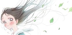 1girl black_hair blush expressionless floating_hair grey_eyes highres leaf long_hair looking_at_viewer parted_lips ryo_to_mikoto school_uniform serafuku simple_background solo tsukino_omame upper_body white_background wind