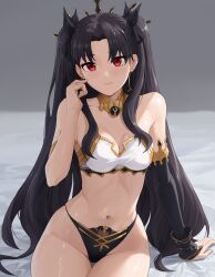bare_shoulders black_hair breasts collarbone earrings elbow_gloves fate/grand_order fate_(series) gloves hair_ornament highres hoop_earrings ishtar_(fate) jewelry long_hair looking_at_viewer red_eyes sarhce shiny_skin sitting small_breasts