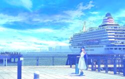 Rule 34 | 1girl, arufa7ray, black hair, blue eyes, blue skirt, blue sky, blue theme, boots, buoy, city, cloud, commentary, cruise ship, day, english commentary, harbor, highres, looking at viewer, one eye closed, original, outdoors, railing, rolling suitcase, scenery, shirt, short sleeves, skirt, sky, smile, solo, standing, suitcase, v, white shirt