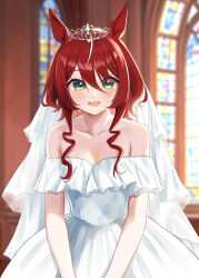 1girl absurdres alternate_costume alternate_hairstyle animal_ears blurry blurry_background blush breasts dress green_eyes hair_between_eyes hair_ornament highres horse_ears horse_girl kanameyuzuriha long_hair looking_at_viewer open_mouth small_breasts solo tiara umamusume wedding_dress win_variation_(umamusume)