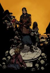 axe backpack bag black_gloves black_hair blonde_hair blood blood_on_clothes blue_skirt boots brown_coat burger coat commentary_request duffel_bag earrings fingerless_gloves fire_axe food gloves guro hair_ornament highres holding holding_axe hood hoodie jewelry korean_commentary open_mouth original penett pile_of_skulls project_zomboid skirt solo_focus spiffo_(project_zomboid) zombie
