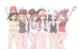 6+girls absurdres black_hair black_shirt blonde_hair blue_eyes bottomless breasts brown_hair cleft_of_venus creatures_(company) dawn_(pokemon) eyewear_on_headwear female_pubic_hair game_freak grey_eyes hat highres hilda_(pokemon) looking_at_viewer may_(pokemon) medium_breasts multiple_girls nintendo open_mouth pink_hat pokemon pokemon_bw pokemon_bw2 pokemon_dppt pokemon_rse pokemon_sm pokemon_xy porkpie_hat pubic_hair pussy red_hat rosa_(pokemon) selene_(pokemon) serena_(pokemon) shirt sleeveless sleeveless_shirt smile sunglasses uncensored white-framed_eyewear yuni_tofu