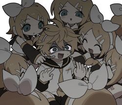 Rule 34 | 1boy, 6+girls, absurdres, blonde hair, blue eyes, hairband, highres, jihecchi, kagamine len, kagamine rin, multiple girls, neckerchief, open mouth, ribbon, sailor collar, scared, short hair, simple background, sweat, upper body, vocaloid, white background, white ribbon, yellow neckerchief