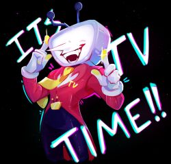 1boy ant_tenna black_background black_pants cropped_legs deltarune emariiari fangs glint gloves highres jacket male_focus necktie object_head pants pointy_nose red_jacket smile solo tailcoat teeth television v white_gloves yellow_necktie
