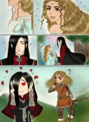 1boy 1girl :3 ? artist_name black_hair blood blue_dress boots bow_(weapon) breasts brown_eyes brown_hair cape caranthir cinemairon closed_mouth collarbone dress elf eyelashes fingerless_gloves gloves grey_eyes haleth heart height_difference jewelry outdoors panels parted_lips pointy_ears prince profile sparkle teeth the_silmarillion tiara tolkien&#039;s_legendarium tree weapon