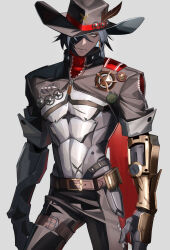 Rule 34 | 1boy, abs, belt, belt buckle, bf2xuec6ow98466, black feathers, black hair, black hat, black jacket, black pants, boothill (honkai: star rail), brown belt, buckle, closed mouth, collared jacket, commentary, contrapposto, cowboy hat, cropped jacket, cyborg, earrings, feathers, feet out of frame, hair over one eye, hashtag-only commentary, hat, highres, honkai: star rail, honkai (series), jacket, jewelry, male focus, mole, mole under eye, multicolored hair, multiple moles, one eye covered, pants, piercing, popped collar, red scarf, ringed eyes, scarf, solo, standing, unzipped, white hair, yellow eyes, zipper