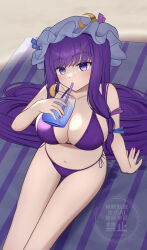 1girl absurdres alternate_costume beckody bikini blush breasts commentary_request crescent crescent_hat_ornament cup drinking drinking_glass drinking_straw drinking_straw_in_mouth hat hat_ornament highres holding holding_cup large_breasts long_hair looking_at_viewer mob_cap navel patchouli_knowledge purple_bikini purple_eyes purple_hair shadow side-tie_bikini_bottom sitting solo stomach swimsuit touhou very_long_hair watermark